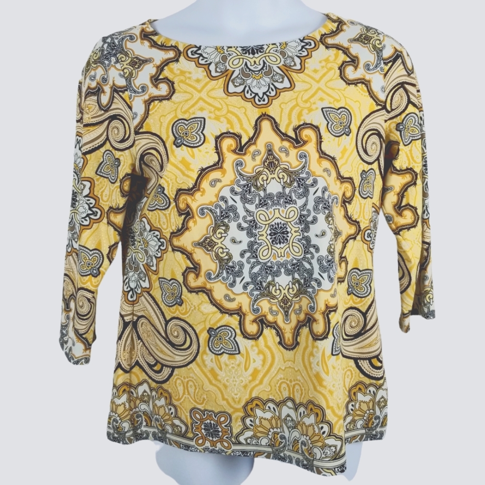 Charter Club Boatneck Paisley Medallion Print Yellow Blouse Women's Size Large
